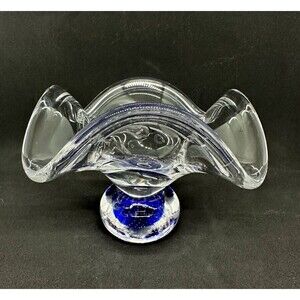 Hand Blown Art Glass Bowl Controlled Bubbles Wavy Pedestal Polished *flaw*